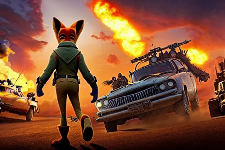 Image similar to nick wilde ( from zootopia ), heavily armed and armored facing down armageddon in a dark and gritty reboot from the makers of mad max : fury road