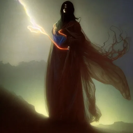 Image similar to concept art painting of beautiful figure the called the moonbow queen black cloak, a rainbow in the dark, colorful, by Michael Whelan, William Adolphe Bouguereau, and Donato Giancola, cyberpunk, artstation, extremely moody lighting, glowing light and shadow, atmospheric, shadowy, cinematic, 8K