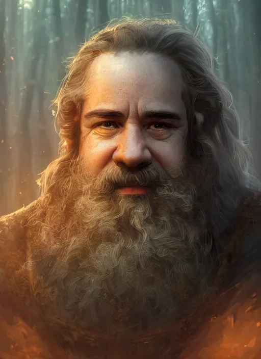 Image similar to Beautiful art portrait of a male dwarf cleric in a dark forest with dead trees, morning, atmospheric lighting, intricate detail, cgsociety, hyperrealistic, octane render, RPG portrait, ambient light, dynamic lighting