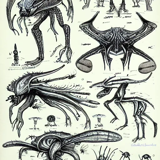 Prompt: sketches from the notebook of a xenobiologist, alien creatures