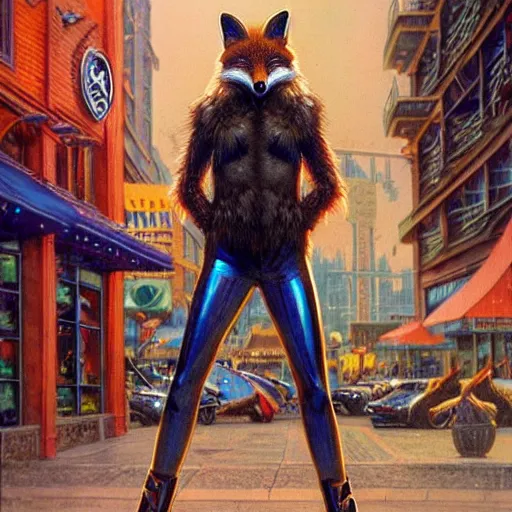 Image similar to a sweet anthro!! Fox wearing leather clothes and doing the peace sign standing in front of a Starbucks. cinematic, hyper realism, high detail, illustration, marvel comic, iridescent accents, by Bruce Pennington, trending on artstation, very coherent symmetrical artwork.