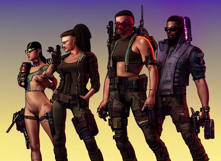 Image similar to cyberpunk mercenary team. portrait by stonehouse and mœbius and will eisner and gil elvgren and pixar. character design. realistic proportions. cyberpunk 2 0 7 7 character art, blade runner 2 0 4 9 concept art. cel shading. attractive face. thick lines. the team. diverse characters. artstationhq.