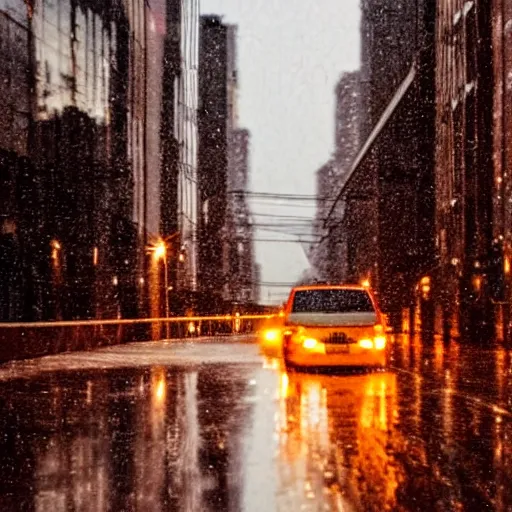 Image similar to a city street at night, raining, photograph, cars on the road,