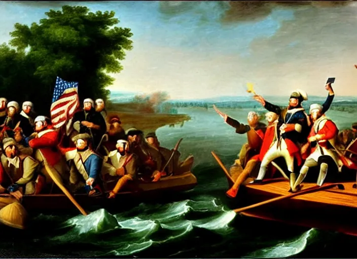 Prompt: oil painting of Washington Crossing the Delaware but everyone is looking at cell phones and Washington is taking a selfie