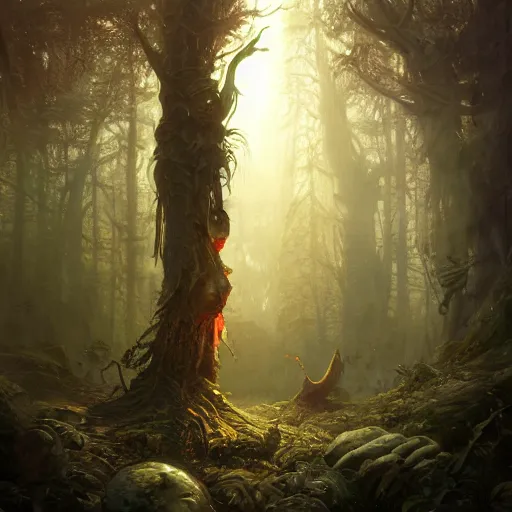 Image similar to highly detailed creepy forest humanoide creature, stephen bliss, unreal engine, fantasy art by greg rutkowski, loish, rhads, ferdinand knab, makoto shinkai and lois van baarle, ilya kuvshinov, rossdraws, tom bagshaw, global illumination, radiant light, detailed and intricate environment