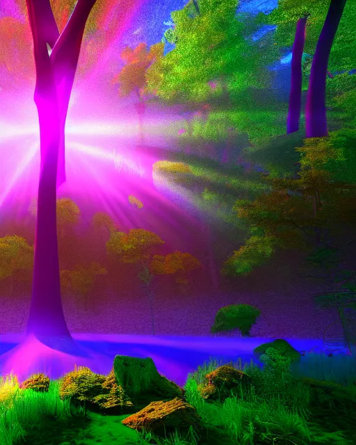 Image similar to mystical forest with a pond with a bright beam of light shining down through the clouds colorful trippy acid trip colorful 8 k 3 d sunshine rays volumetric lighting trending on artstation vray colorful