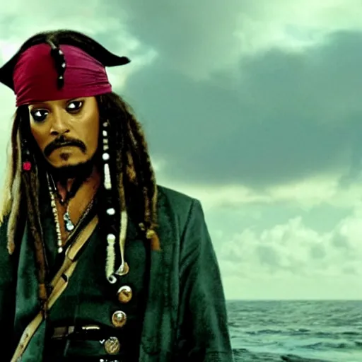 Image similar to Will Smith as captain jack sparrow, movie still from pirates of the carribean