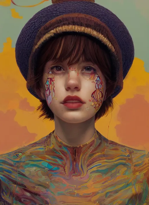 Image similar to brown eyes girl with abstract hat :: by Martine Johanna and Simon Stålenhag and Chie Yoshii and wlop and Guillermo del toro :: ornate, dynamic, particulate, rich colors, elegant, centered, artstation, smooth, sharp focus, octane render, 3d