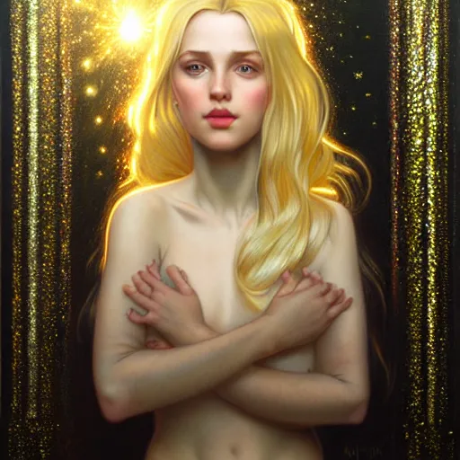 Image similar to portrait of a blonde girl surrounded by shimmering reflective gems, face, fantasy, intricate, elegant, dramatic lighting, highly detailed, lifelike, photorealistic, digital painting, artstation, concept art, smooth, sharp focus, illustration, art by John Collier and Krenz Cushart and Artem Demura and Alphonse Mucha and and Albert Aublet