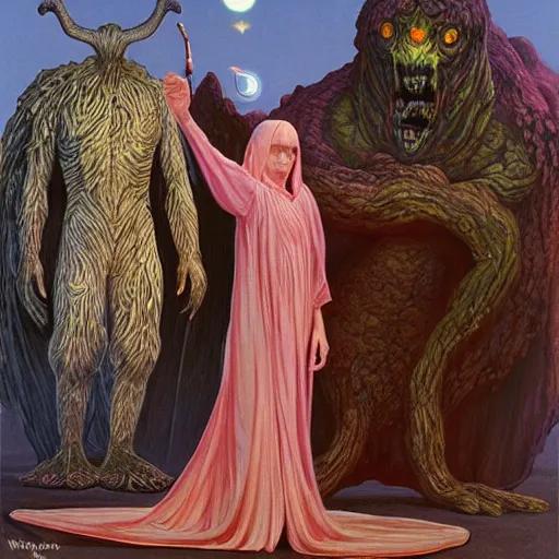 Prompt: angelical woman in robes, flanked by her giant monster pet, by wayne barlowe