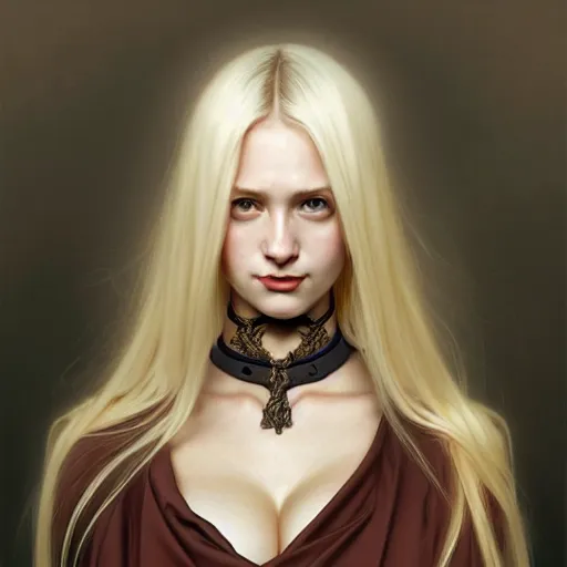 Image similar to Portrait of seductive female priest, D&D, revealing stylish dress, choker on neck, long blonde hair, mouth slightly open, slight nerdy smile, fantasy, intricate, elegant, highly detailed, digital painting, artstation, concept art, smooth, sharp focus, illustration, art by artgerm and greg rutkowski and alphonse mucha