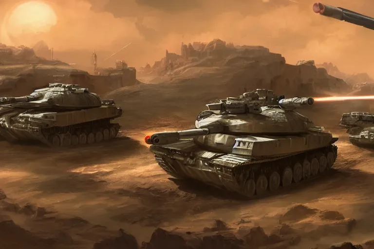 Image similar to tank battle, soldiers, lasers, science - fiction, beautiful matte painting,, unreal engine, artstation.