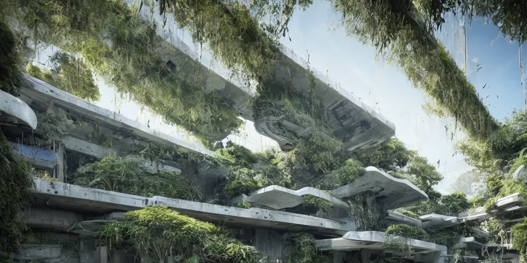 Prompt: concrete architecture with many walkways connecting the structures with moss and ivy growing all over, futuristic, late afternoon light, wispy clouds in a blue sky, by frank lloyd wright and greg rutkowski and ruan jia
