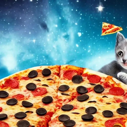 Image similar to A grey kitten standing on a pizza in outer space. The kitten is eating a piece of pizza. Pizza slices flying with angel wings in background, dark cyan galaxy and stars in background, 4K photoshopped image, look at that detail