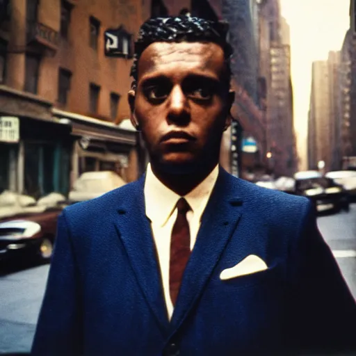 Prompt: portrait of a man in a suit in the streets of new york, 1 9 6 0 s, photo taken with ektachrome, featured on flickr, photographed on expired film