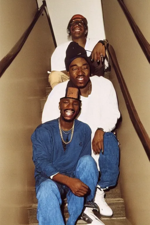 Image similar to Snapshot of smiling Tupac and Biggie on the staircase to Heaven