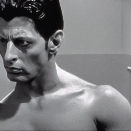 Image similar to young, muscular jeff goldblum as bruce wayne peeling back batman mask, wearing batman t shirt, film still