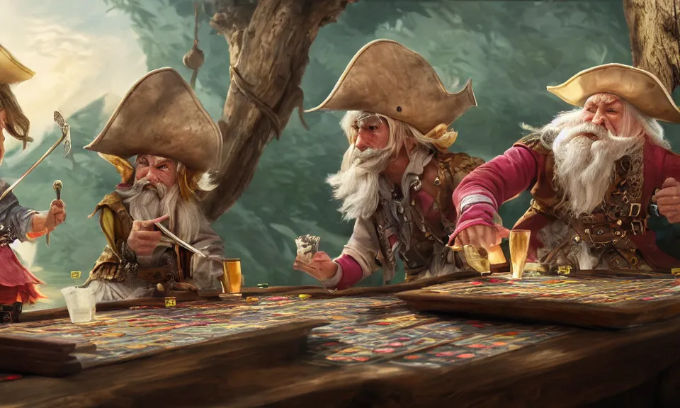 Prompt: a white haired dwarf and a pirate halfling gambling with dice near a creak and wagon, illustration by ben lo, highly detailed, photorealistic, hyperrealism, colorful, unreal engine, octane render, dramatic lighting, cinematic composition, wide shot