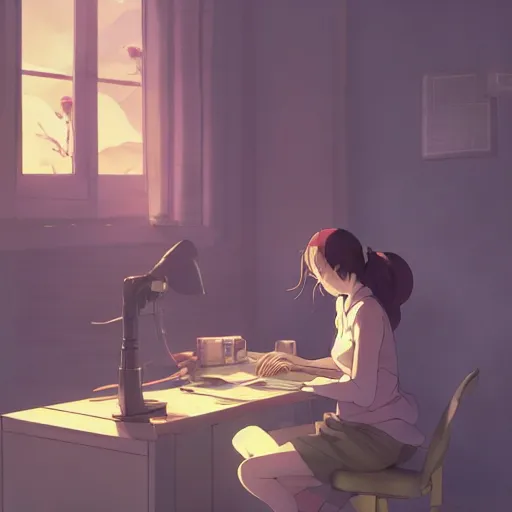 Image similar to beautiful scene render of a person sitting at a desk, looking at monitor, dimly lit bedroom, hot cocoa drink,, perfectly shaded, atmospheric lighting, style of makoto shinkai and peter mohrbacher, studio ghibli. artgerm, karol bak, beeple, animation style, 8 k hd, ultra wide angle, hyper detailed