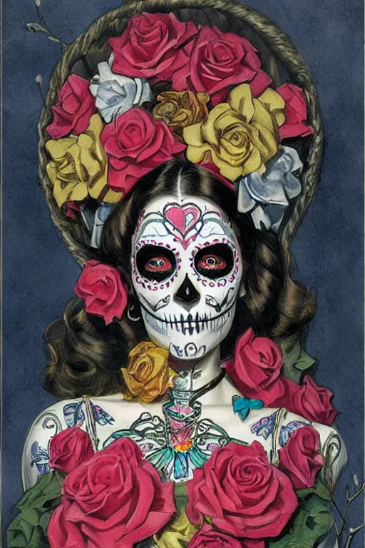 Image similar to illustration of a sugar skull day of the dead girl, art by j c leyendecker