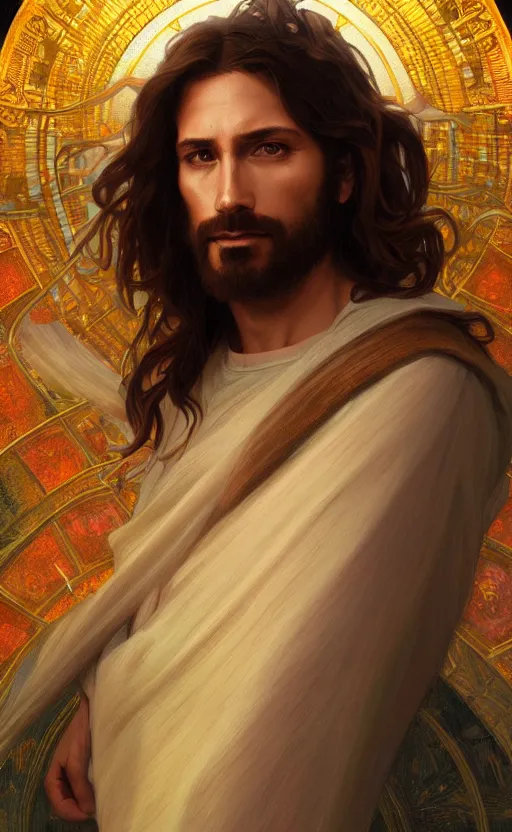 Image similar to Portrait of Jesus with a divine halo, intricate, headshot, highly detailed, digital painting, artstation, concept art, sharp focus, cinematic lighting, illustration, art by artgerm and greg rutkowski, alphonse mucha, cgsociety