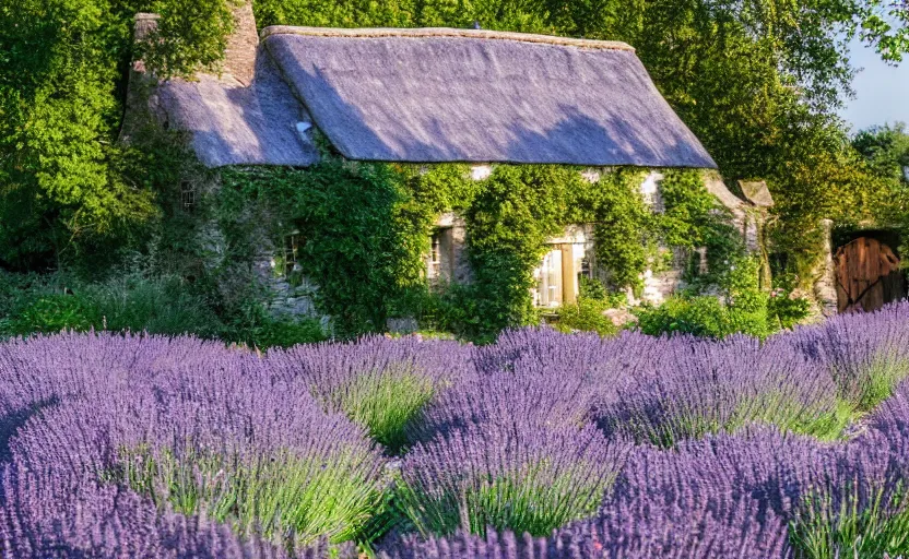 Image similar to Dutch limestone cottage farm, Jerkinhed roof, rustic wood timberwork lavender bushes in the garden, full of flowers, surrounded by oak trees, a cobblestone pathway, dawn, 8K