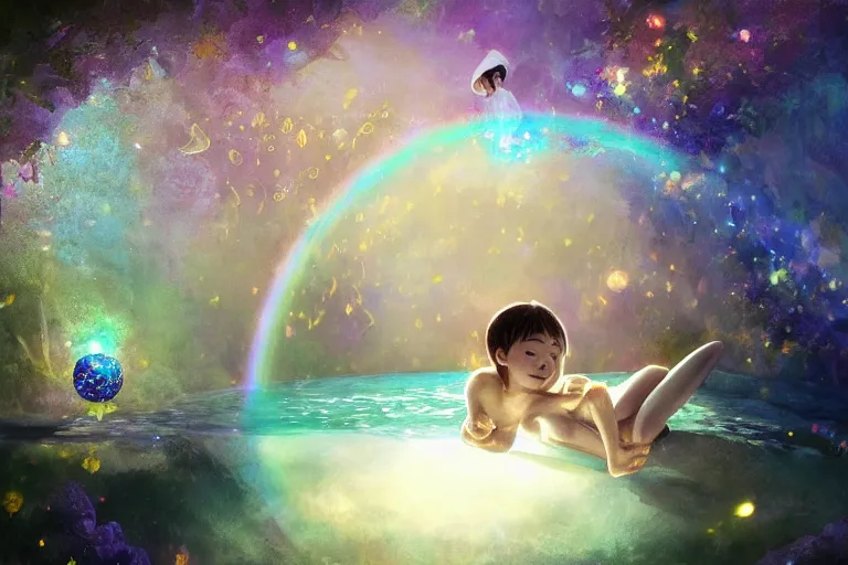 Prompt: a child falling into his bed to find a fantasy world, psychedelic, whimsical, 4k, beautiful, a crystal and flower, reflective pool, surrounded by gems, underneath the stars, rainbow fireflies, trending on patreon, deviantart, twitter, artstation, volumetric lighting, heavy contrast, art style of Greg Rutkowski and Miho Hirano and Ross Tran