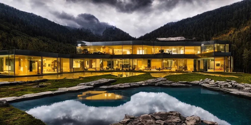 Prompt: landscape photography modern glass mansion, in valley, warm lightning, beautiful, clouds, kodachrome, 4 k, hd