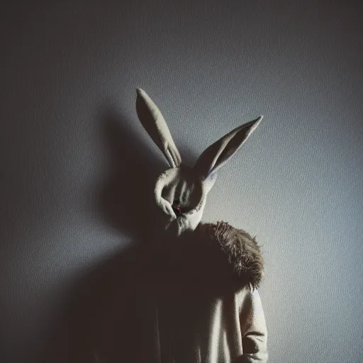Image similar to Man with a rabbit costume in the attic, dark, shadows, night, 8k Photography