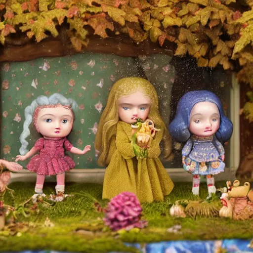 Prompt: A detailed photo of a Mark Ryden diorama titled 'Allegory of the Four Seasons', sigma 85mm f/1.4