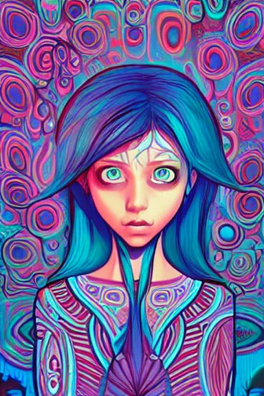 Image similar to little girl character inspired in indigenous and blue arara, digital art by ruan jil and lois van baarle highly detailed, anatomically correct, symmetrical, experimental design, extremely coherent, psychedelic background p