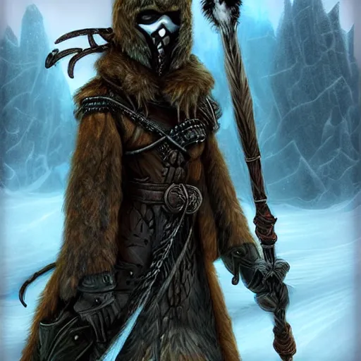 Image similar to “ fantasy snow bandit ‘ icewind dale ’ with mask, bow and quiver on back and left leg, digital portrait by justin sweet, soft focus, highly detailed, cinematic, epic, artstation ”