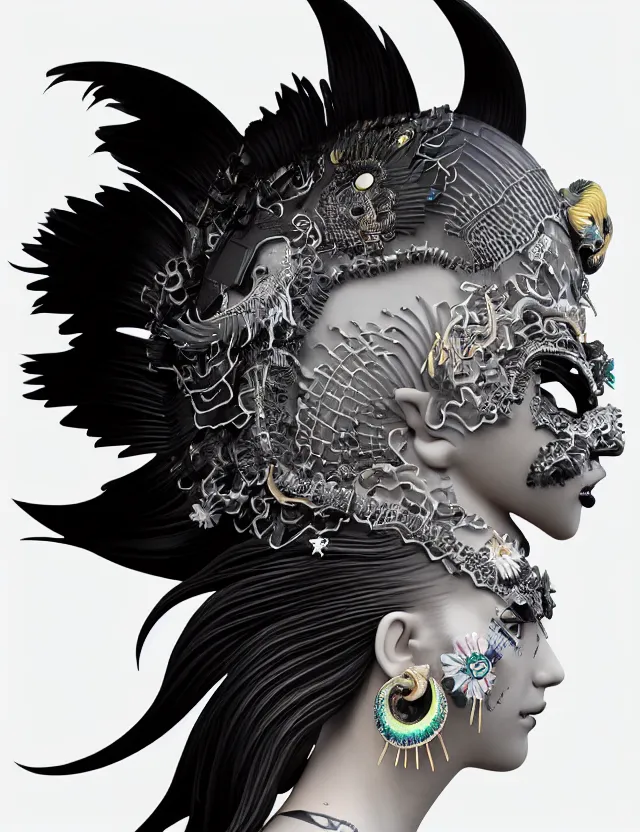 Image similar to 3 d goddess close - up profile simple portrait punk with mohawk with ram skull. beautiful intricately detailed japanese crow kitsune mask and clasical japanese kimono. betta fish, jellyfish phoenix, bio luminescent, plasma, ice, water, wind, creature, artwork by tooth wu and wlop and beeple and greg rutkowski