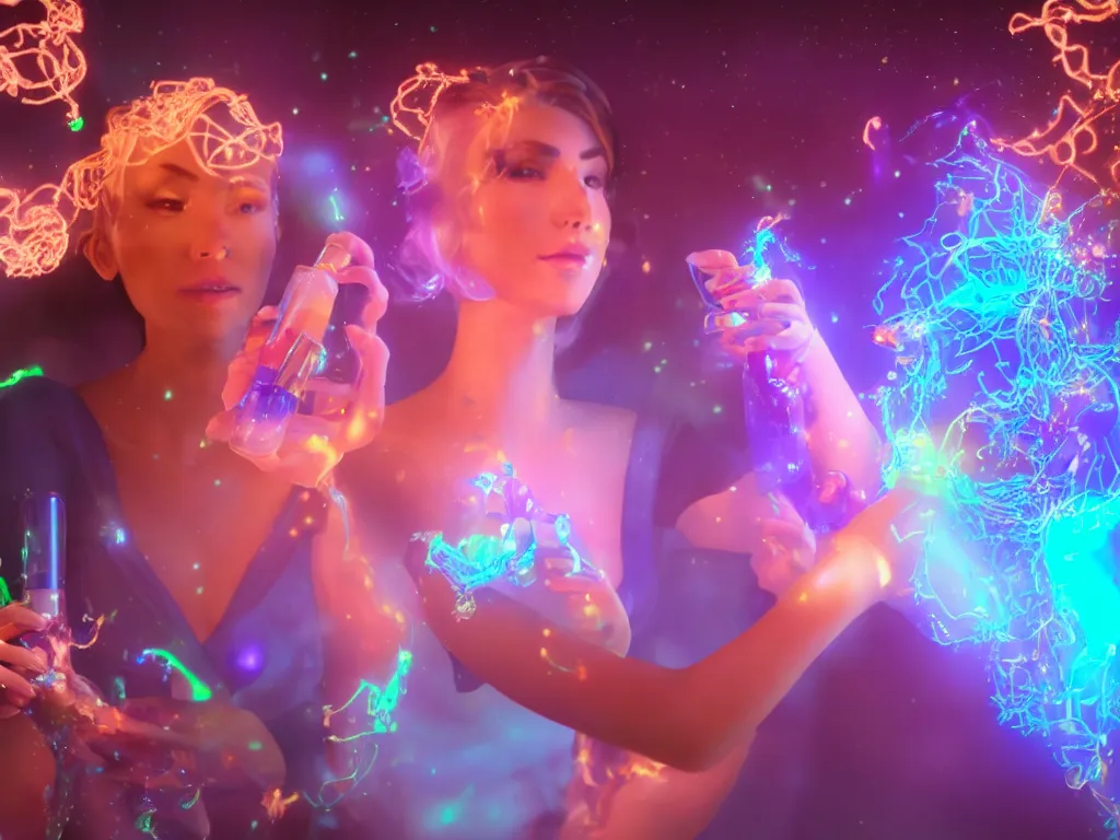 Image similar to a hyperrealistic portrait render of a beauty queen opening a bottle of glowing worms and drinking fluorescent liquid in the cosmos, unreal engine 8k