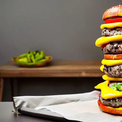 Image similar to a photograph of a giant cheeseburger tower, cooked to perfection, chefs table, netflix, gourmet, three michelin star