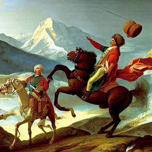 Image similar to benjamin netanyahu crossing the alps, highly detailed, by jacques louis david