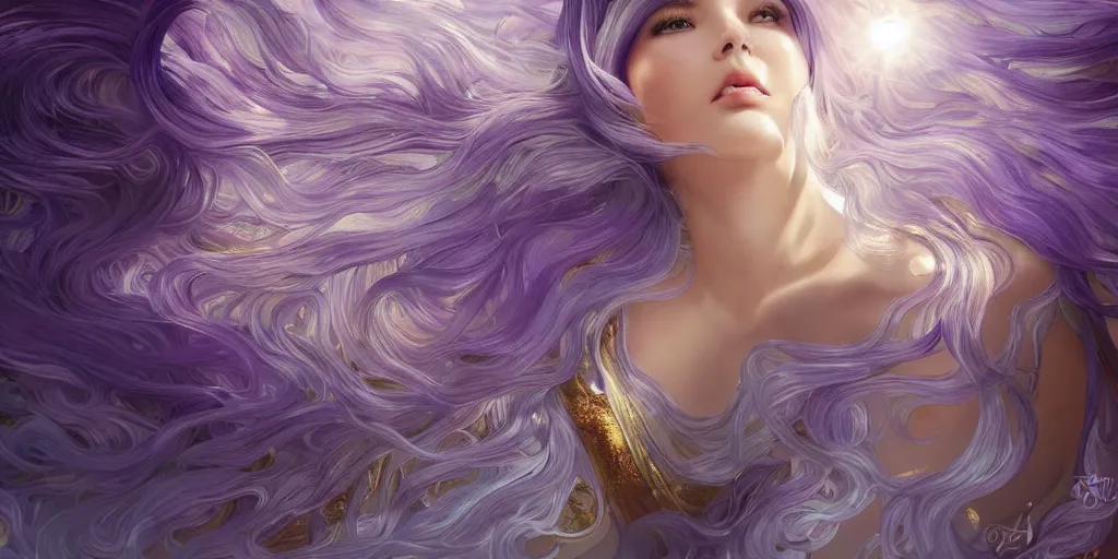 Image similar to wide angle, opalescent purple panther, metallic silver and ice color reflected crystal hair, leaping from babaob tree, fantasy, intricate, very beautiful, elegant, golden light, highly detailed, digital painting, artstation, concept art, smooth, sharp focus, unreal engine, art by wlop and tian zi and alphonse mucha