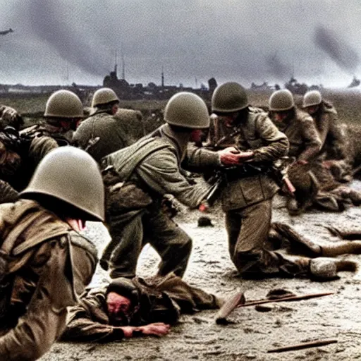 Prompt: full color, modern camera footage of d - day invasion, violent, blood, realistic, high resolution