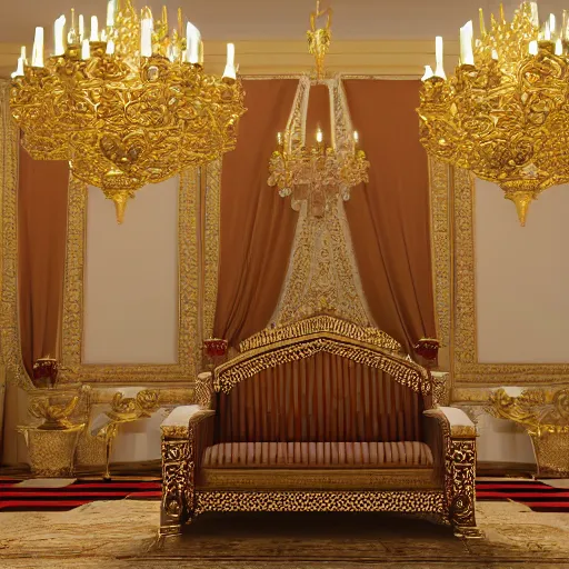 Prompt: photorealistic 3 d octane render of a gigantic royal palace throne room