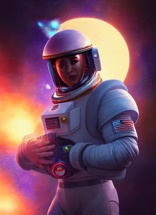 Image similar to an epic fantasy comic book style portrait painting of an astronaut lhama, defensor of the galaxy. deep space background unreal 5, daz, hyperrealistic, octane render, cosplay, rpg portrait, dynamic lighting