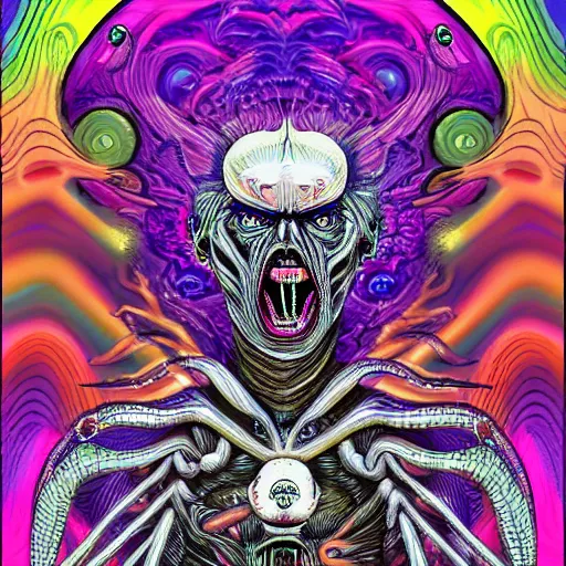 Image similar to a psychedelic godlike humanoid, hyper detailed, in the style of h. r. giger and junji ito and bob ross and lisa frank, selfie