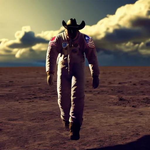 Prompt: apollo 8 cowboy earthrise cowboy in cowboy space, octane render, blender render, unreal engine, 3 5 mm, cowboy, with earth in rising in the sky in the background