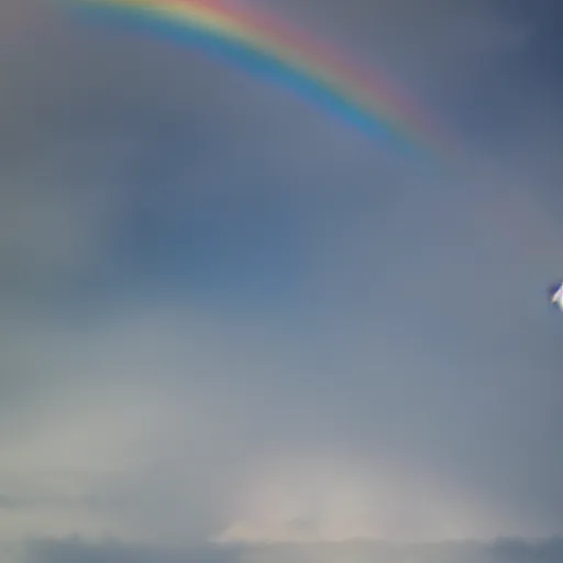 Image similar to a kiwi bird flying in the clouds, there is a rainbow behind it, detailed, 8k