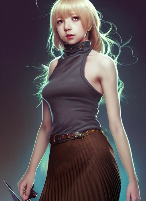 Image similar to portrait of a full body of beautiful young female detective, d & d, sleeveless turtleneck, pleated skirt, fantasy, flat lighting, intricate, highly detailed, digital painting, artstation, concept art, smooth, sharp focus, illustration, misa amane, art by simon bisley and greg rutkowski and alphonse mucha, natural tpose