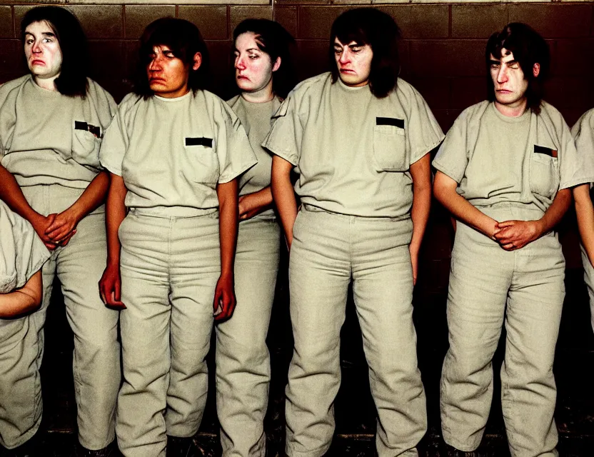 Prompt: six woman with masculine faces in jail behind bars by william eggleston