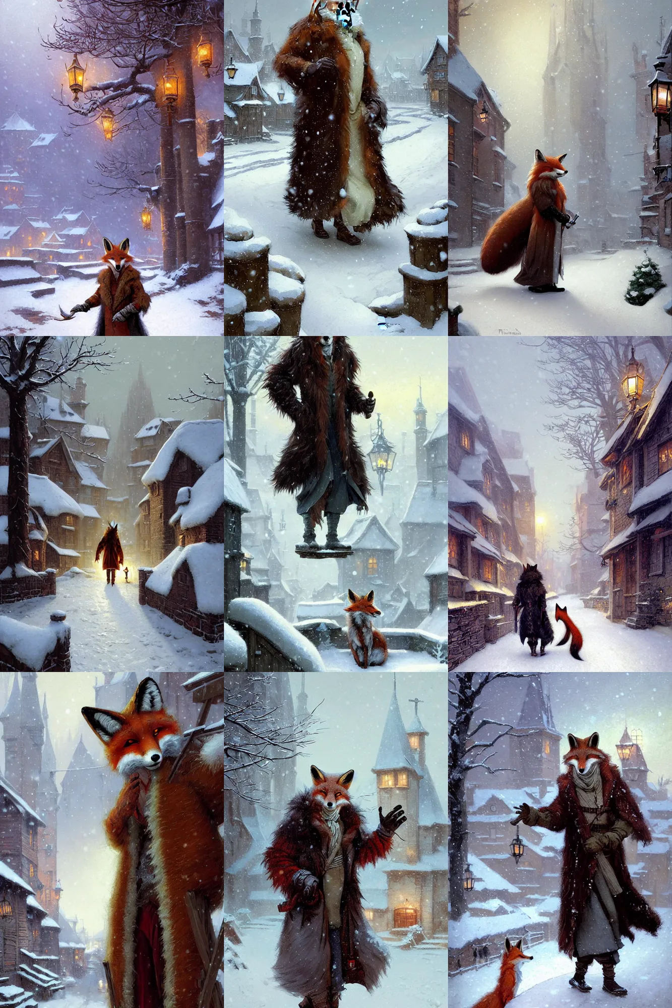 Prompt: an anthropomorphic fox man wearing a long fur coat in a snowy village, character illustration by greg rutkowski, thomas kinkade, Howard Pyle, Cynthia Sheppard, James Gurney