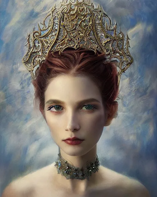 Image similar to portrait of a gorgeous young poppy queen, uniquely beautiful, surreal, fantasy, ornamental, intricate, elegant, dramatic lighting, emotionally evoking symbolic metaphor, highly detailed, lifelike, photorealistic, digital painting, artstation, concept art, smooth, sharp focus, illustration, art by John Collier and Krenz Cushart and Artem Demura and Alphonse Mucha and Albert Aublet