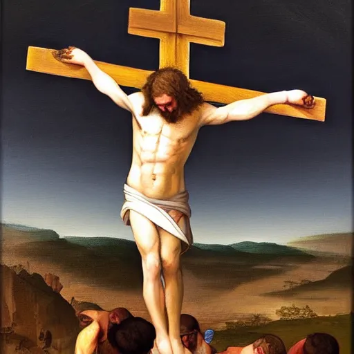 Prompt: donald trump crucifixion by michellangelo, renaissance painting, figurative, realistic oil painting, holy, n - 4 - w 1 0 2 4