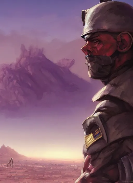 Prompt: purple lighting, detailed character concept illustration, strong muscular mature soldier in a soldier uniform, desert with city in the background, sharp focus, illustration, highly detailed, digital painting, concept art, matte, art by wlop and artgerm and greg rutkowski, masterpiece