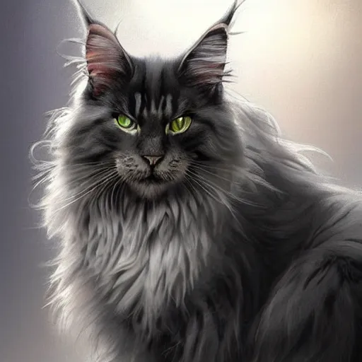 Image similar to a big magnificent dark gray maine coon mix cat with white belly, white paws and white face markings with long fur and fluffy tail, sitting, intricate, elegant, highly detailed, digital painting, artstation, concept art, matte, sharp focus, illustration, art by Artgerm and Greg Rutkowski and Alphonse Mucha